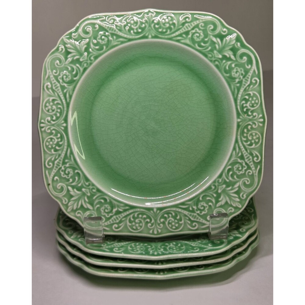 Set Of 4 Square Majolica Plates Bread Butter Dessert Floral Vine Pattern 6 3/4"